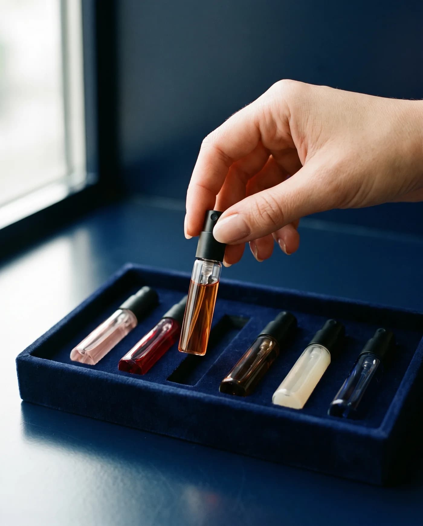 Six sample vials in a navy tray, one in each scent colour, a hand lifting one out